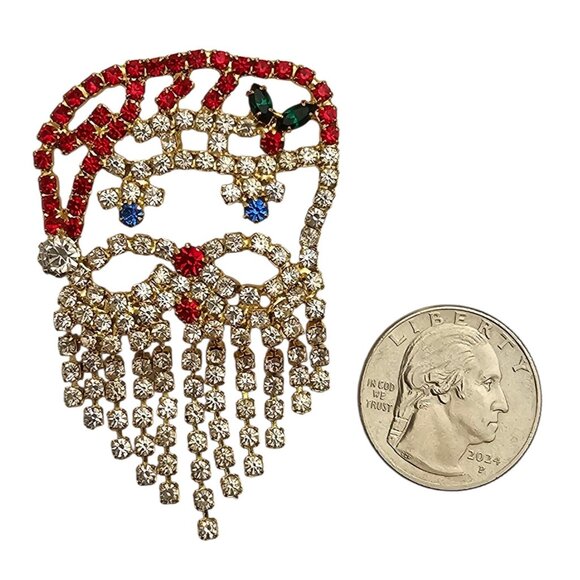 Red Clear Rhinestone Santa Brooch Dangle Beard Pin - Picture 6 of 7